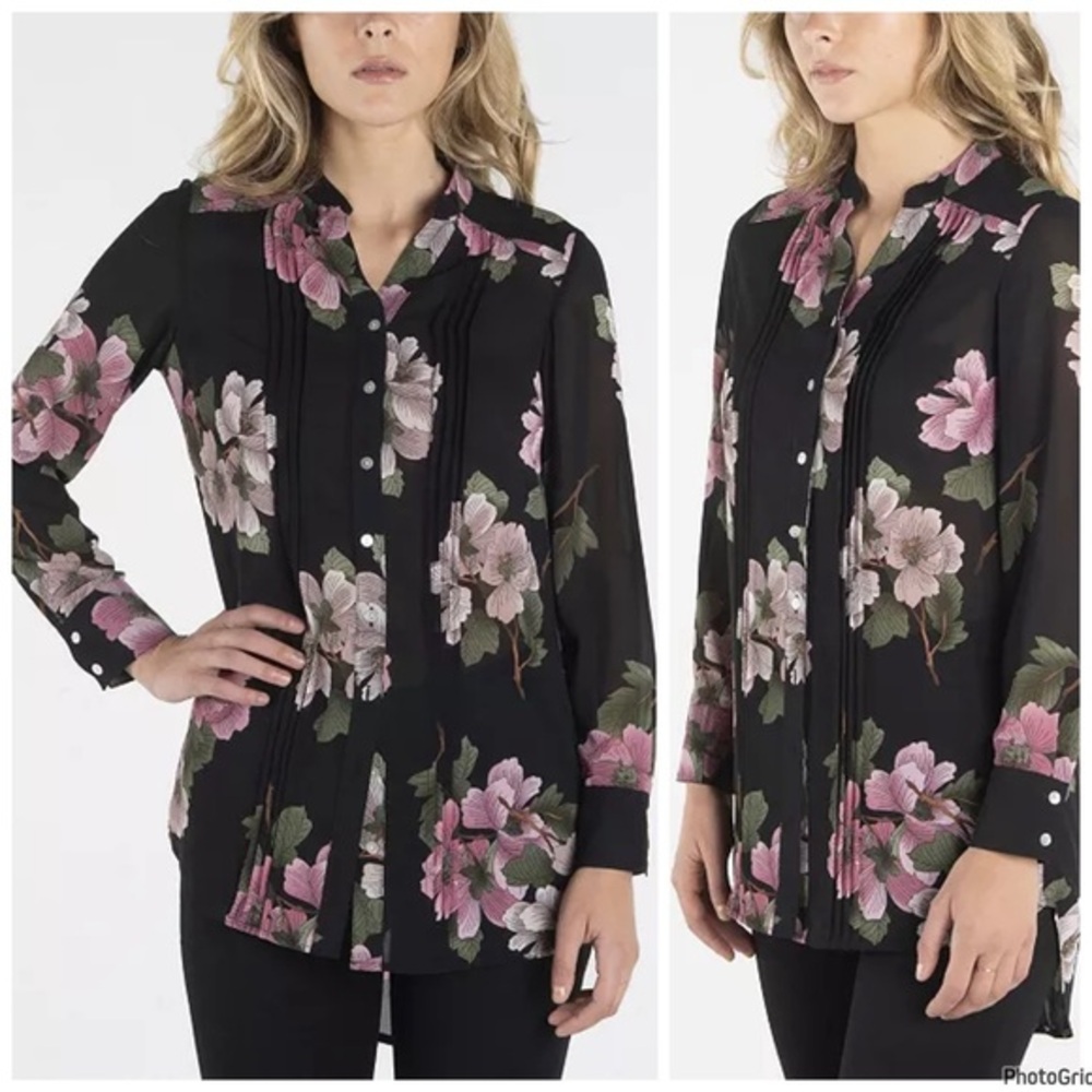 SOLD NANETTE LEPORE Long Sleeve Button Down Printed Shirt Mandarin Collar Sz M